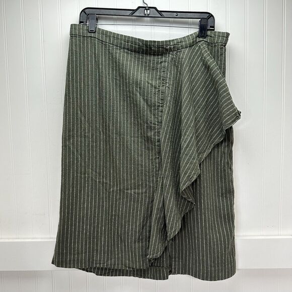 J. Jill Dresses & Skirts - J Jill Ruffle Pencil Skirt Womens Large Petite Green Stripe Linen Blend Side Zip